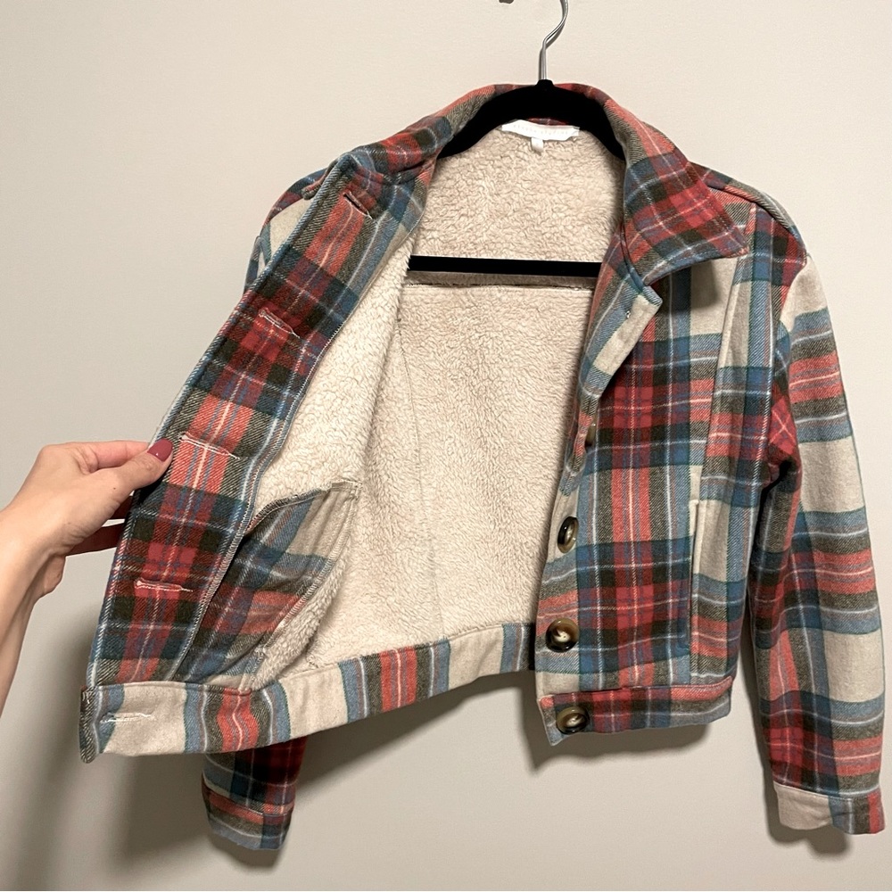 Entrophe Studios Plaid Sherpa Lined Bomber Jacket in Red, Blue and Cream - Picture 3 of 6